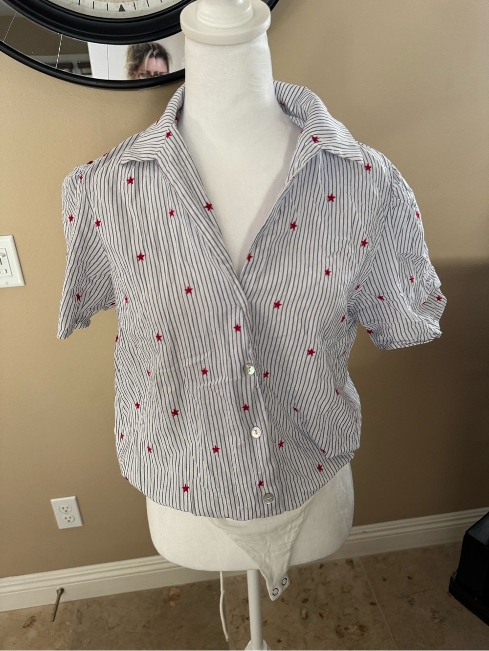 Draper James Blue and White Striped Button Shirt with Red Stars